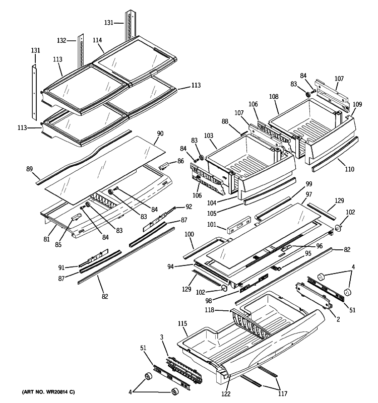 FRESH FOOD SHELVES Diagram and Parts List for PFCA1NJZBDSS  General Electric Refrigerator