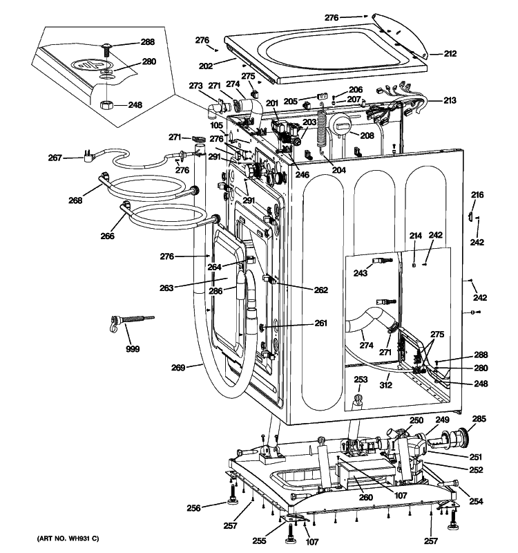 CABINET & TOP PANEL Diagram and Parts List for GFWN1000L1WW  General Electric Washer
