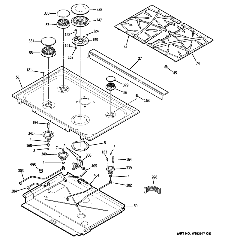 COOKTOP Diagram and Parts List for P2S975DEP2BB  General Electric Range
