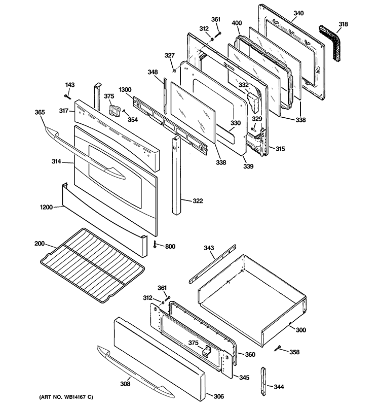 DOOR & DRAWER PARTS Diagram and Parts List for PGB908SEM1SS  General Electric Range