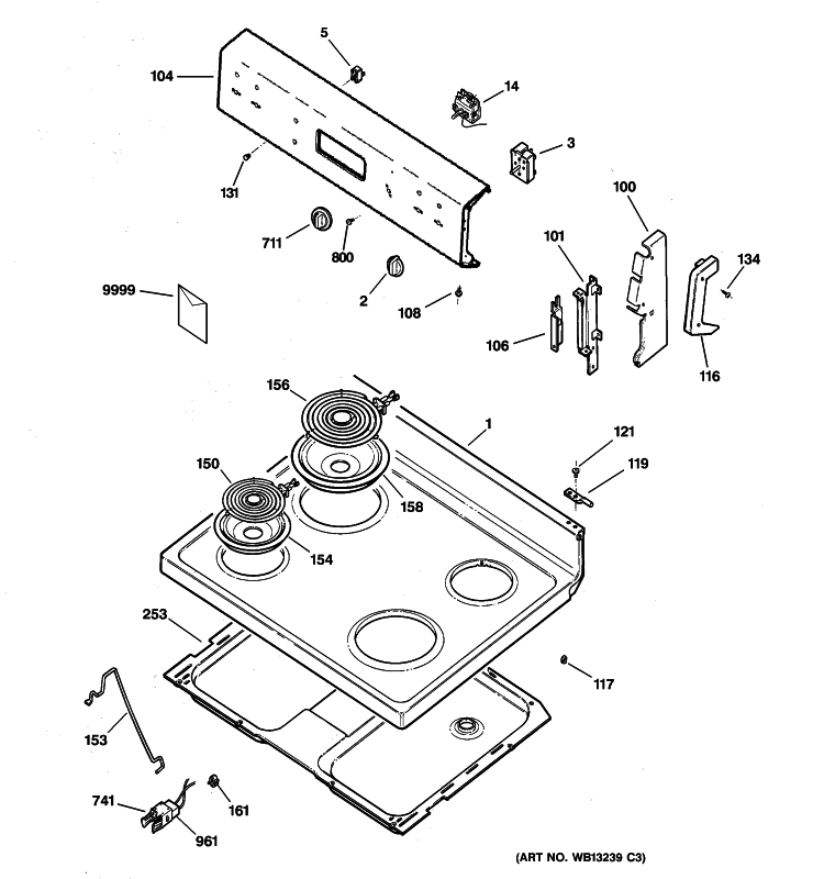 CONTROL PANEL & COOKTOP Diagram and Parts List for ABS200P2WW  General Electric Range