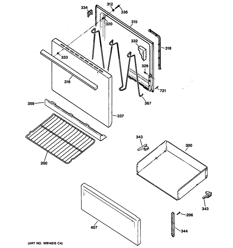 DOOR & DRAWER PARTS Diagram and Parts List for RB525DP2CT  Hotpoint Range