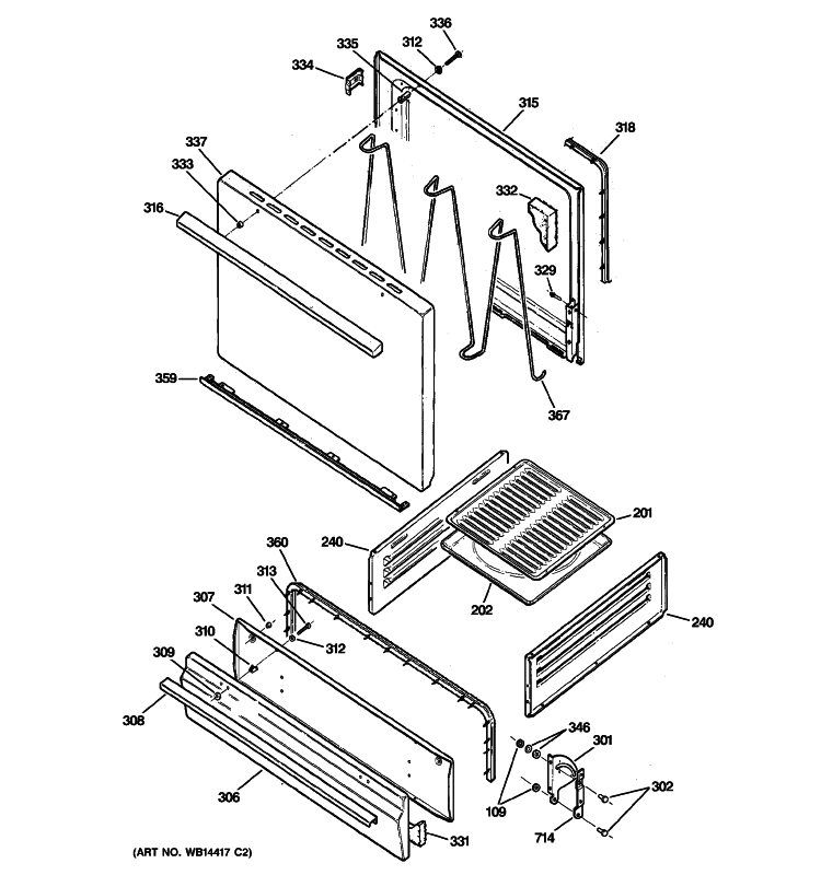 DOOR & DRAWER PARTS Diagram and Parts List for RGB508PPH6CT  Hotpoint Range
