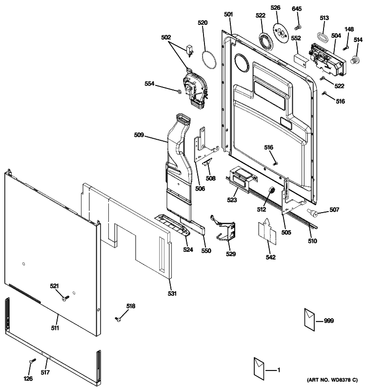ESCUTCHEON & DOOR ASSEMBLY Diagram and Parts List for ZBD9900R00II  General Electric Dishwasher