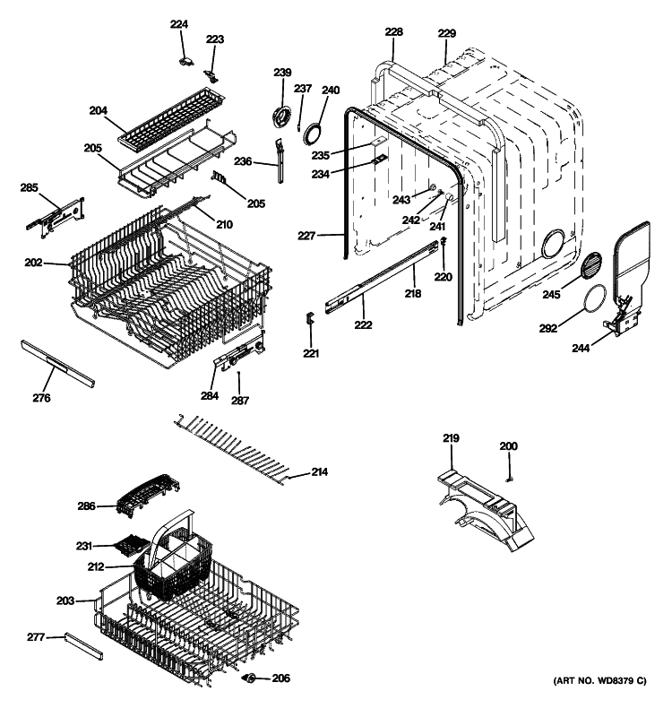 CABINET & RACK ASSEMBLIES Diagram and Parts List for ZBD9900R00II  General Electric Dishwasher