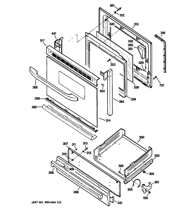 DOOR & DRAWER PARTS Diagram and Parts List for JGBS24DEM6CC  General Electric Range