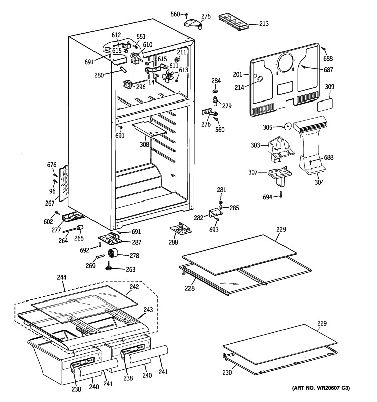CABINET Diagram and Parts List for GTS17JBWDRWW  General Electric Refrigerator