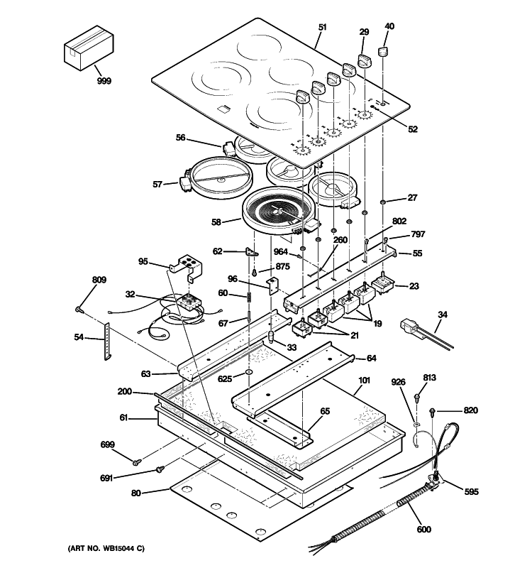 CONTROL PANEL & COOKTOP Diagram and Parts List for PP944ST1SS  General Electric Cooktop