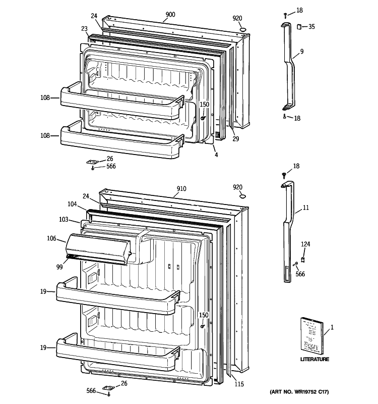 DOORS Diagram and Parts List for HTS17GBSBRWW  Hotpoint Refrigerator