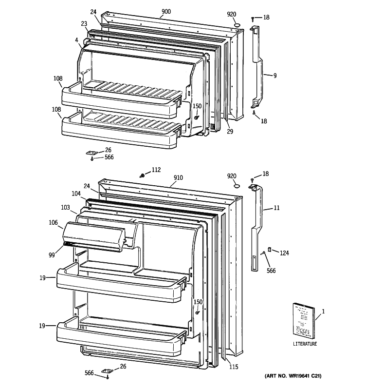 DOORS Diagram and Parts List for GTT16GBSBRCC  General Electric Refrigerator