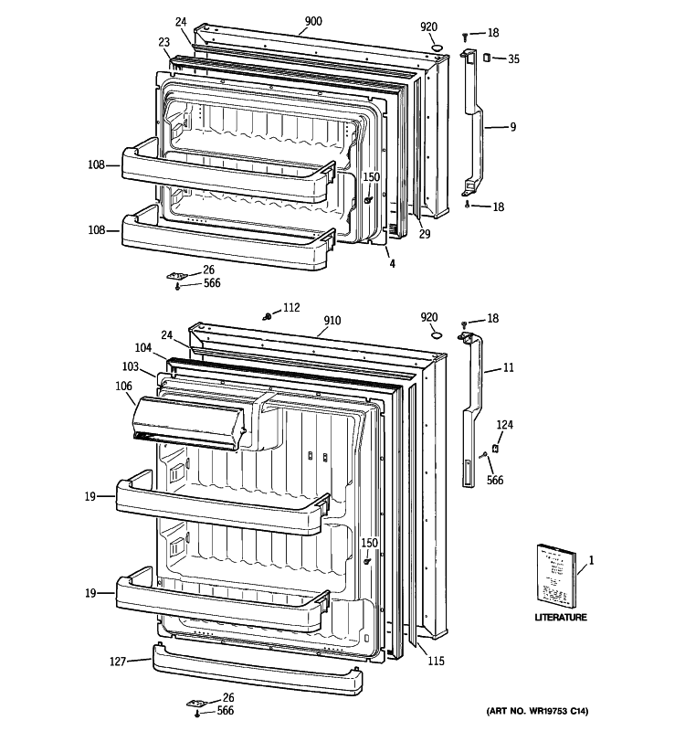 DOORS Diagram and Parts List for GTY18INWARBB  General Electric Refrigerator