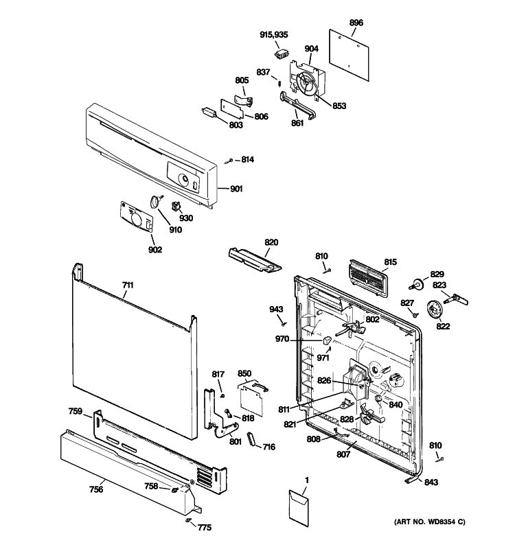 ESCUTCHEON & DOOR ASSEMBLY Diagram and Parts List for GSD2100V00BB  General Electric Dishwasher