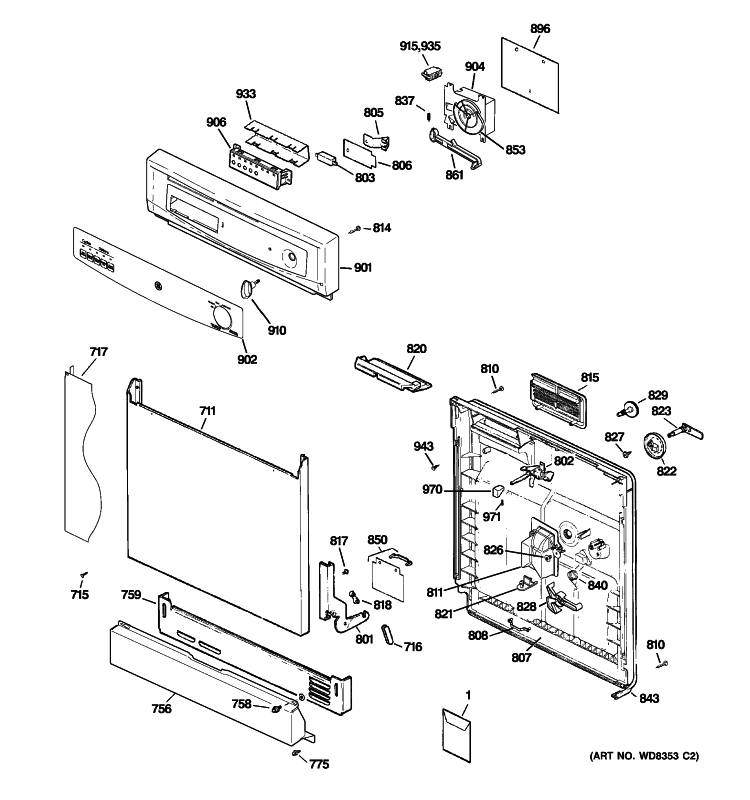 ESCUTCHEON & DOOR ASSEMBLY Diagram and Parts List for GSD3300V00WW  General Electric Dishwasher