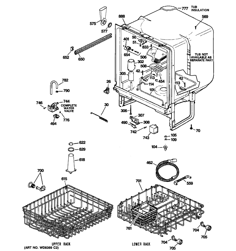BODY PARTS Diagram and Parts List for GSD3360V00SS  General Electric Dishwasher