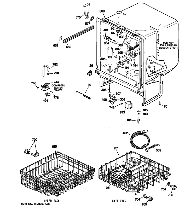 BODY PARTS Diagram and Parts List for GSM2200V00BB  General Electric Dishwasher