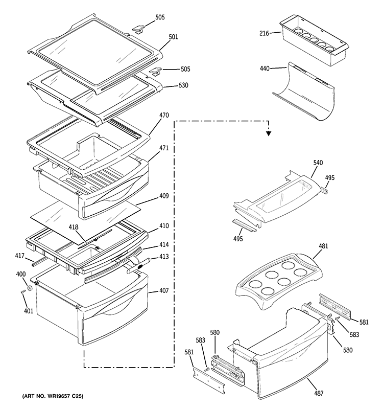 FRESH FOOD SHELVES Diagram and Parts List for PCE23NHTCFBB  General Electric Refrigerator