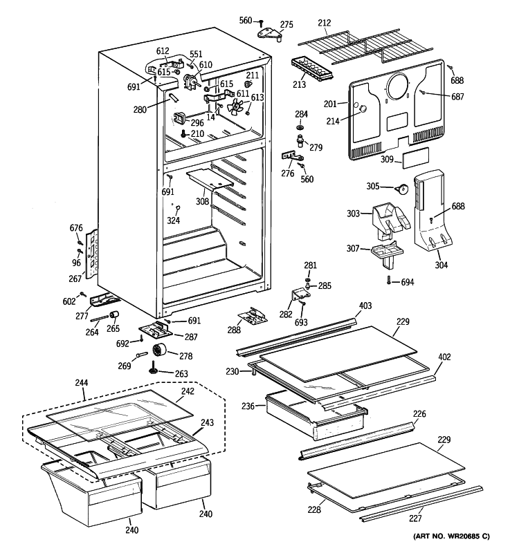 CABINET Diagram and Parts List for HTS18GBSDRCC  Hotpoint Refrigerator