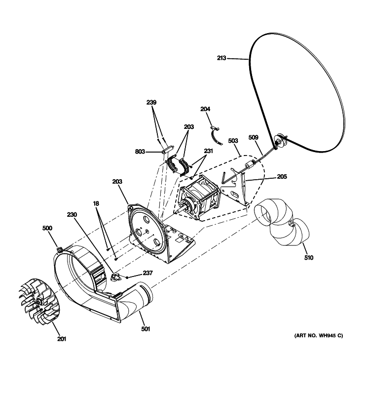 BLOWER & MOTOR ASSEMBLY Diagram and Parts List for GTUP240GM0WW  General Electric Washer Dryer Combo