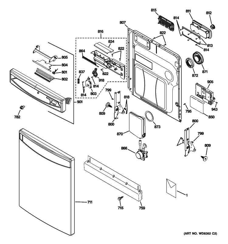 ESCUTCHEON & DOOR ASSEMBLY Diagram and Parts List for PDWF680R10SS  General Electric Dishwasher