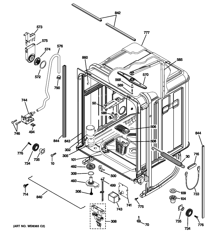 BODY PARTS Diagram and Parts List for GDWF100R30WW  General Electric Dishwasher