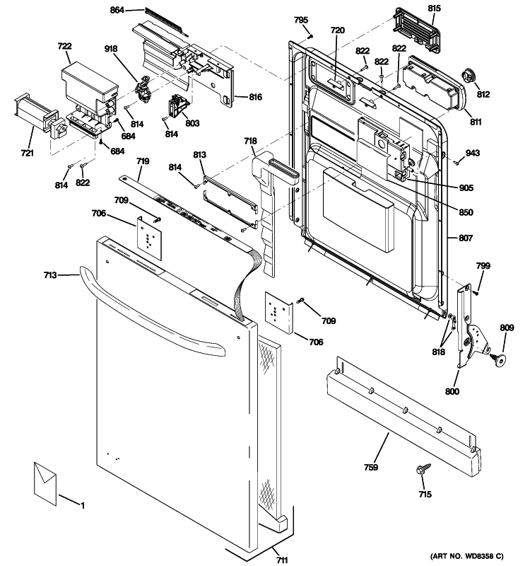 ESCUTCHEON & DOOR ASSEMBLY Diagram and Parts List for GDWT200R30BB  General Electric Dishwasher