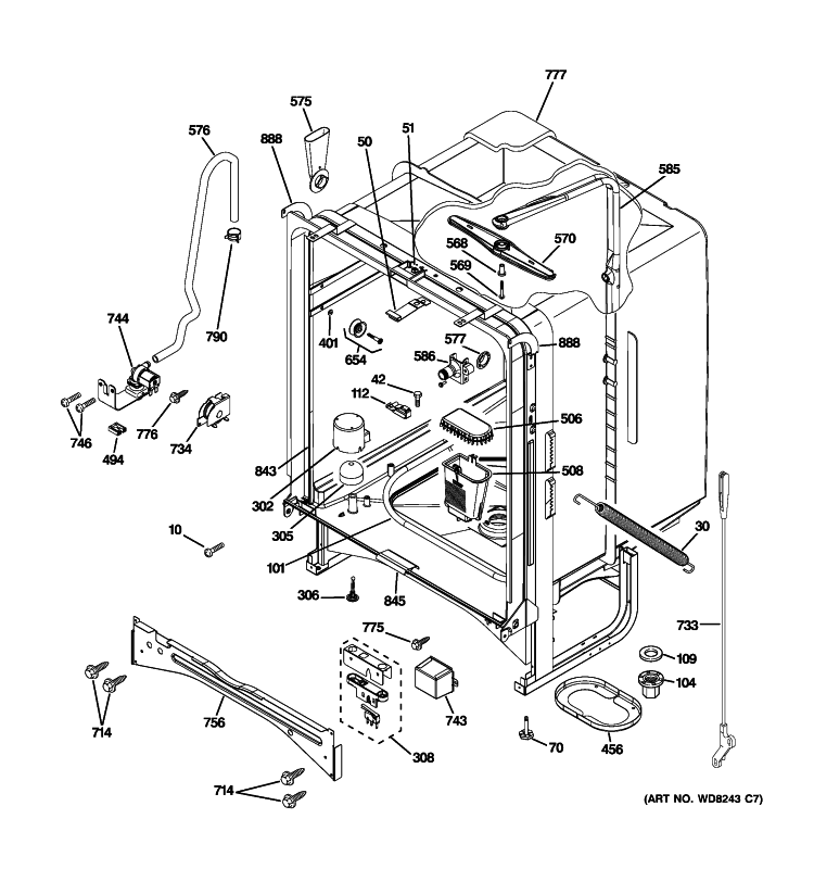 BODY PARTS Diagram and Parts List for GLD6908R30BB  General Electric Dishwasher