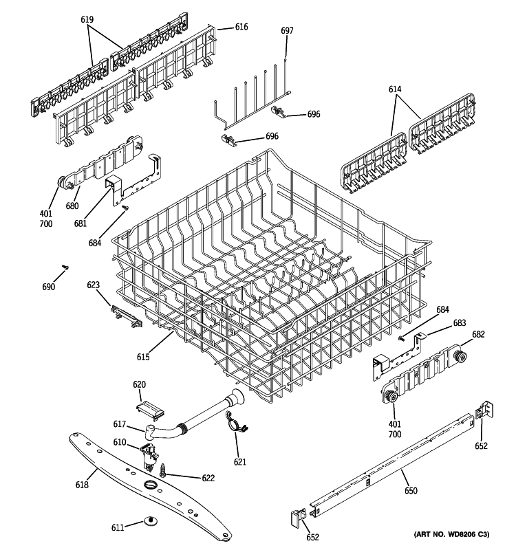 UPPER RACK ASSEMBLY Diagram and Parts List for GLD6964R30SS  General Electric Dishwasher