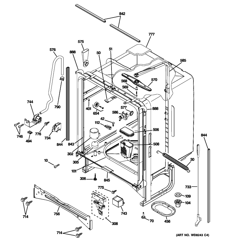 BODY PARTS Diagram and Parts List for GLD7400R30WW  General Electric Dishwasher