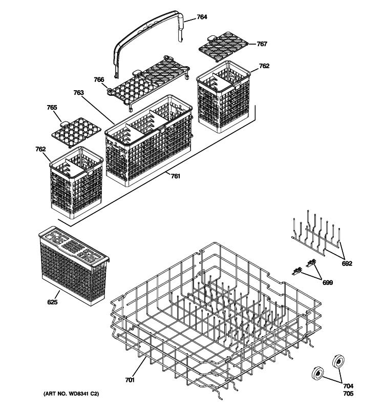 LOWER RACK ASSEMBLY Diagram and Parts List for GLD7400R30WW  General Electric Dishwasher