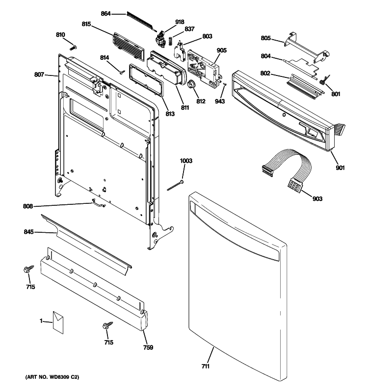 ESCUTCHEON & DOOR ASSEMBLY Diagram and Parts List for PDW7800R30CC  General Electric Dishwasher