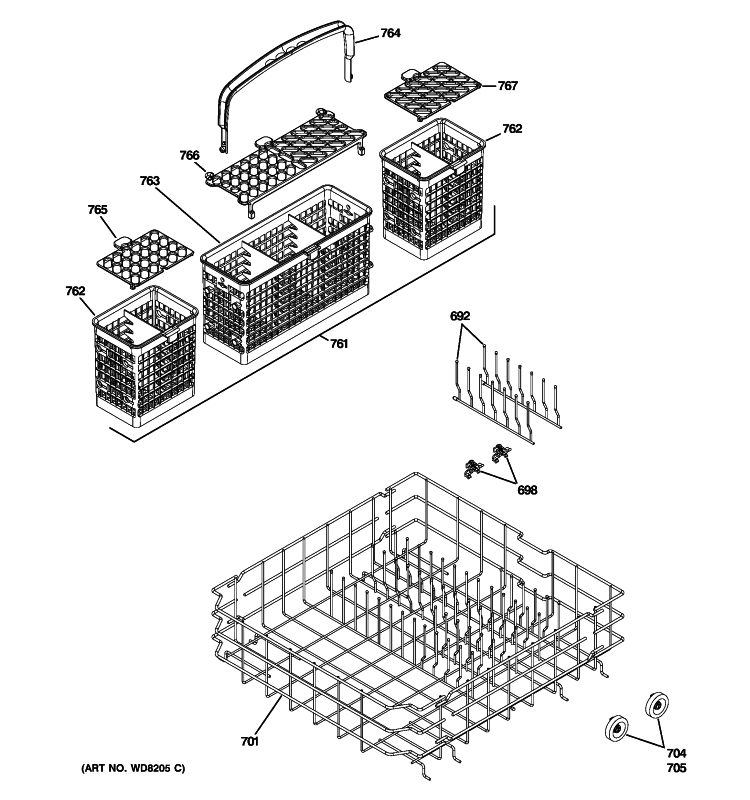 LOWER RACK ASSEMBLY Diagram and Parts List for PDW7800R30CC  General Electric Dishwasher
