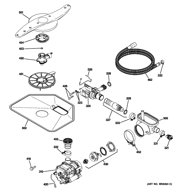 MOTOR-PUMP MECHANISM Diagram and Parts List for PDW7800R30CC  General Electric Dishwasher