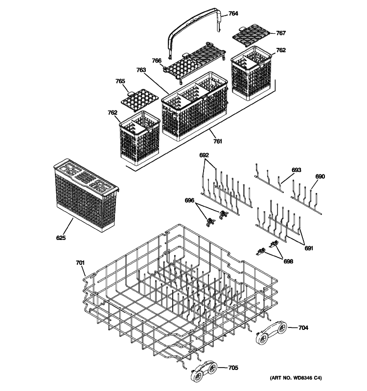 LOWER RACK ASSEMBLY Diagram and Parts List for PDWF800R30WW  General Electric Dishwasher