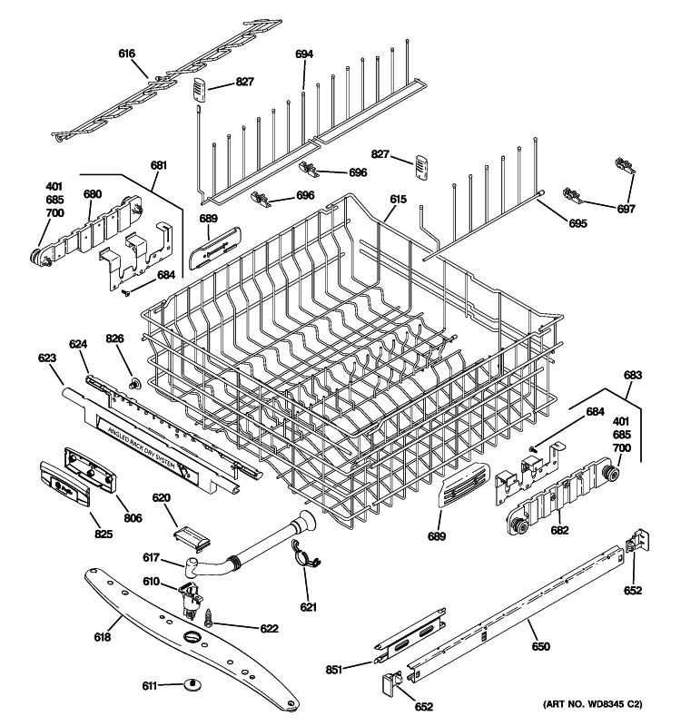 UPPER RACK ASSEMBLY Diagram and Parts List for PDWT500R30BB  General Electric Dishwasher
