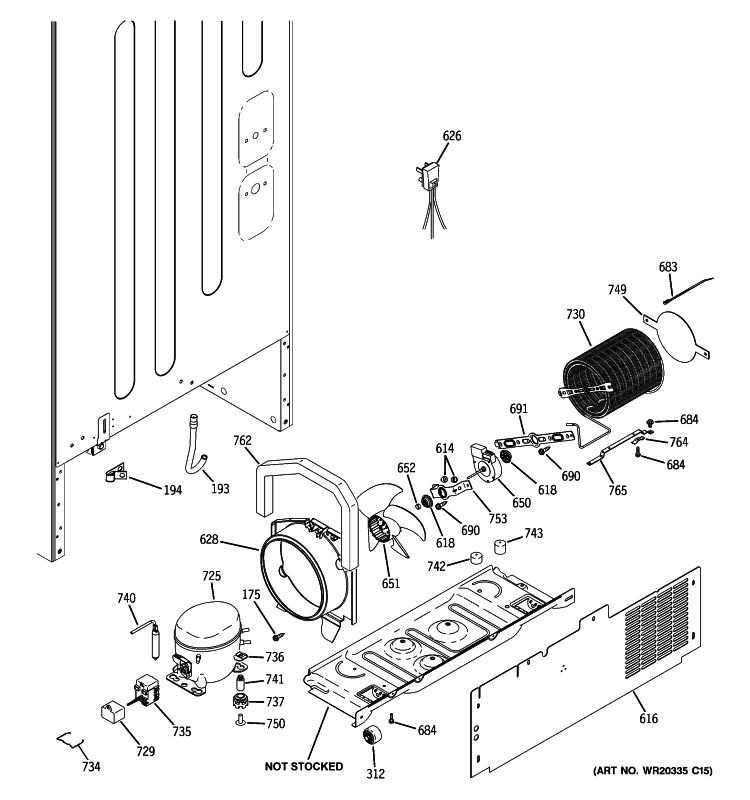 MACHINE COMPARTMENT Diagram and Parts List for GBSC0HBXERBB  General Electric Refrigerator