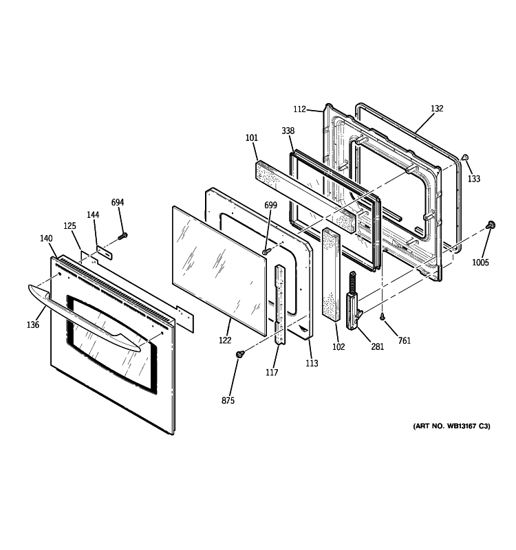 DOOR Diagram and Parts List for JKP75SM2SS  General Electric Wall Oven