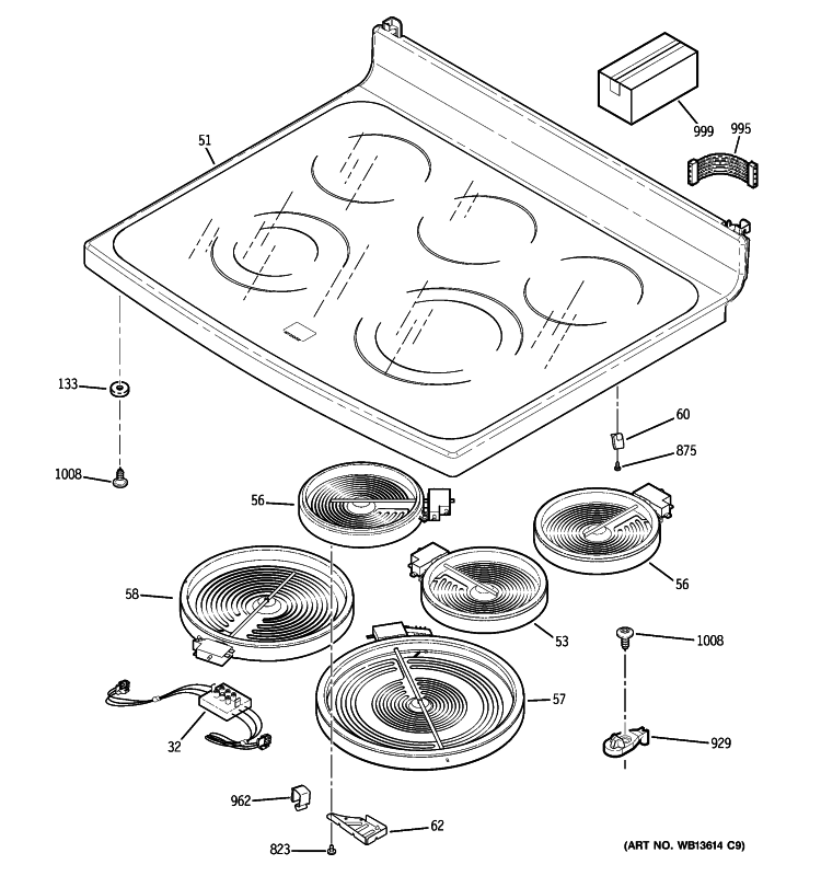 COOKTOP Diagram and Parts List for PB909TP4WW  General Electric Range