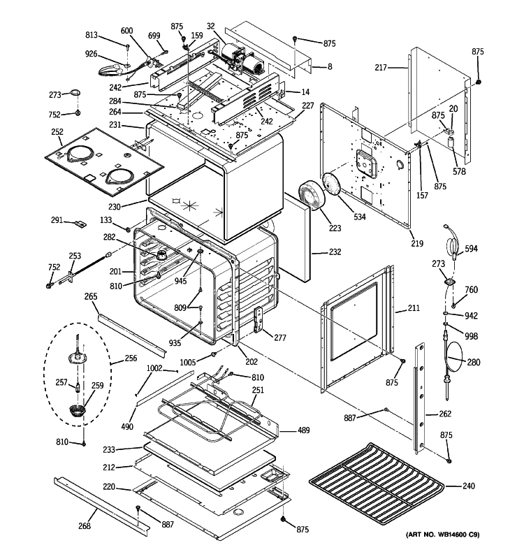 BODY WITH MICROWAVE SUPPORT Diagram and Parts List for PT970DR1BB  General Electric Microwave Oven Combo