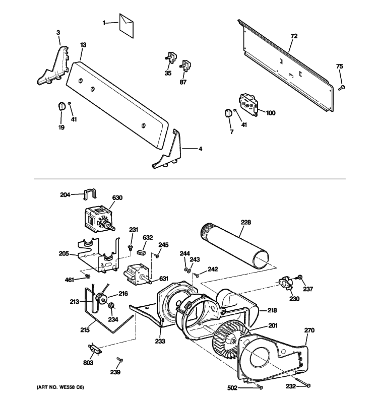 BACKSPLASH, BLOWER & MOTOR ASSEMBLY Diagram and Parts List for GTDL200GM0WW  General Electric Dryer