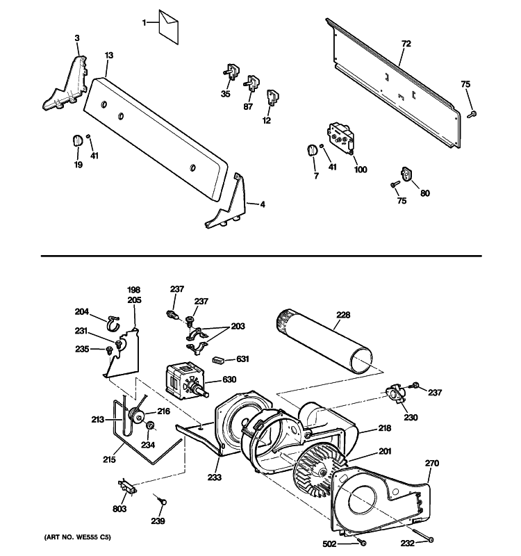 BACKSPLASH, BLOWER & MOTOR ASSEMBLY Diagram and Parts List for GTDX205EM0CC  General Electric Dryer