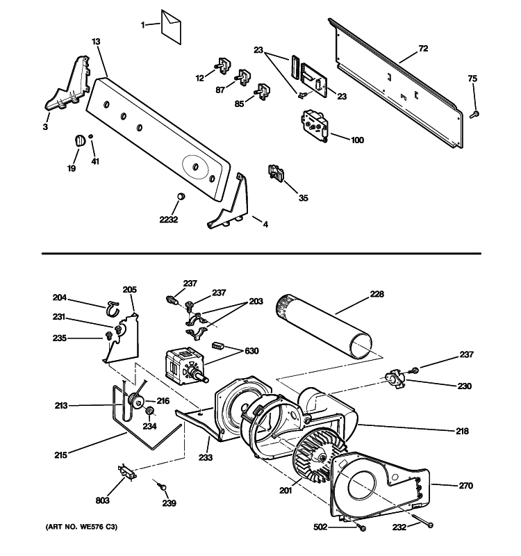 BACKSPLASH, BLOWER & MOTOR ASSEMBLY Diagram and Parts List for PTDN600GM0WT  General Electric Dryer