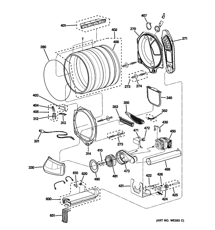 DRUM, BLOWER & MOTOR ASSEMBLY Diagram and Parts List for PTDN800EM0WW  General Electric Dryer