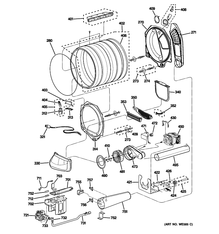 DRUM, BLOWER & MOTOR ASSEMBLY Diagram and Parts List for PTDN800GM0WW  General Electric Dryer