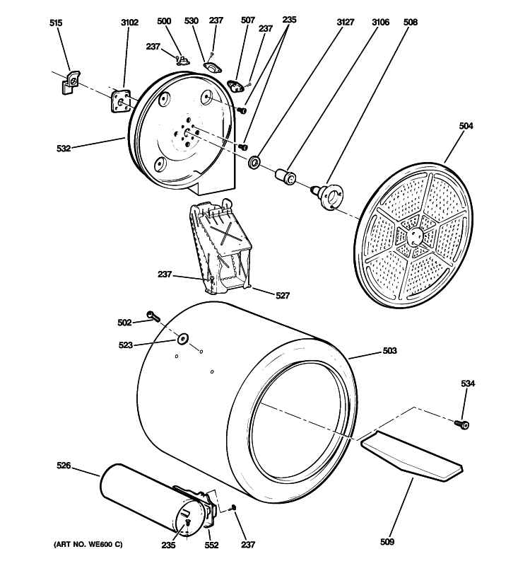 DRUM Diagram and Parts List for PTDS650GM0WT  General Electric Dryer