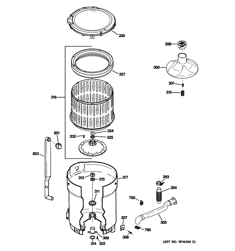 TUB, BASKET & AGITATOR Diagram and Parts List for PTWN6050M0WT  General Electric Washer