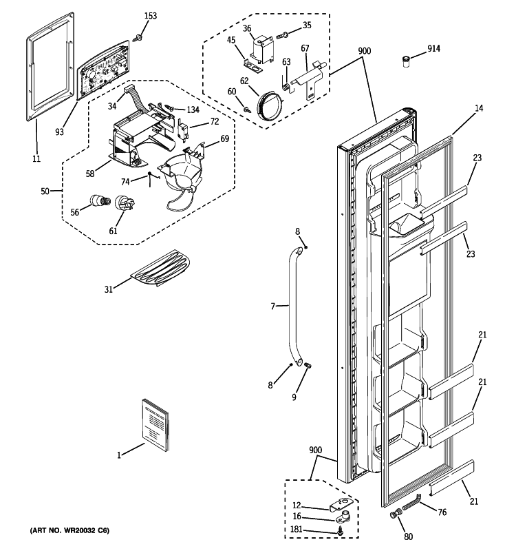 FREEZER DOOR Diagram and Parts List for GSH22JSBBSS  General Electric Refrigerator
