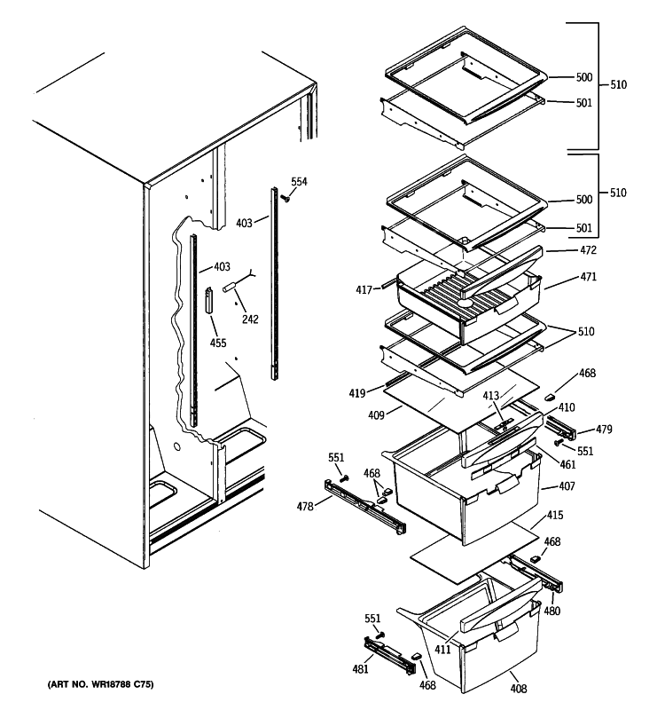 FRESH FOOD SHELVES 01 Diagram and Parts List for BSS25JSTPSS  General Electric Refrigerator