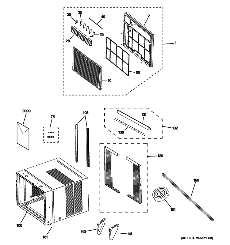 GRILLE & CHASSIS PARTS Diagram and Parts List for AEE23DPL1  General Electric Air Conditioner