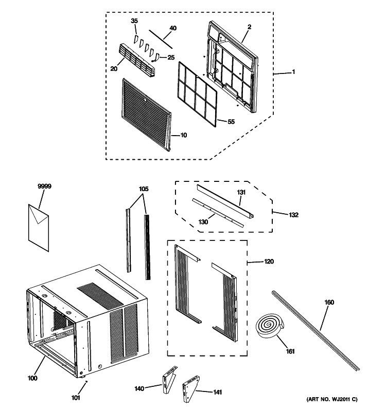 GRILLE & CHASSIS PARTS Diagram and Parts List for AEL14APL1  General Electric Air Conditioner