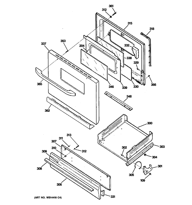 DOOR & DRAWER PARTS Diagram and Parts List for RGB526DET1BB  Hotpoint Range